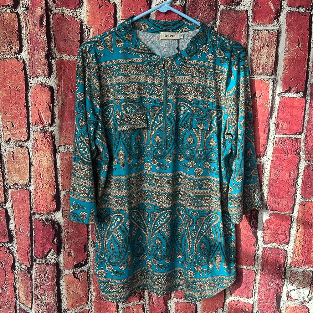 BEPEI Teal printed zip up dress shirt SIZE 2XL new with tags